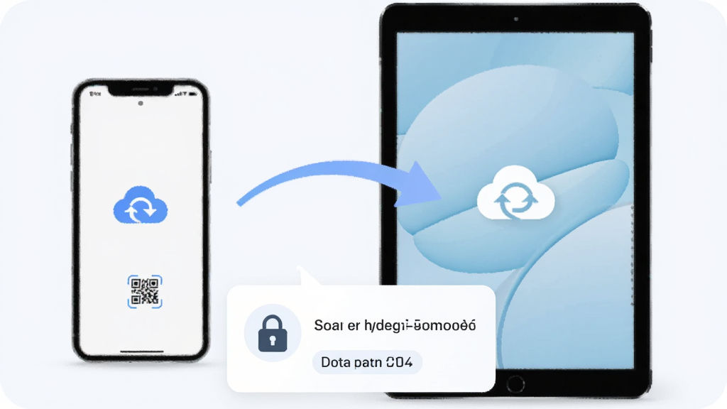 画面中有手机和平板两台设备并排,中间用弧形箭头连接表示同步,下方显示一个分享链接卡片带有密码锁图标和日期标签,背景为浅灰白色,布局为对称居中,风格为简洁科技示意图,细节包含云朵同步图标和二维码小元素,画质干净无多余装饰