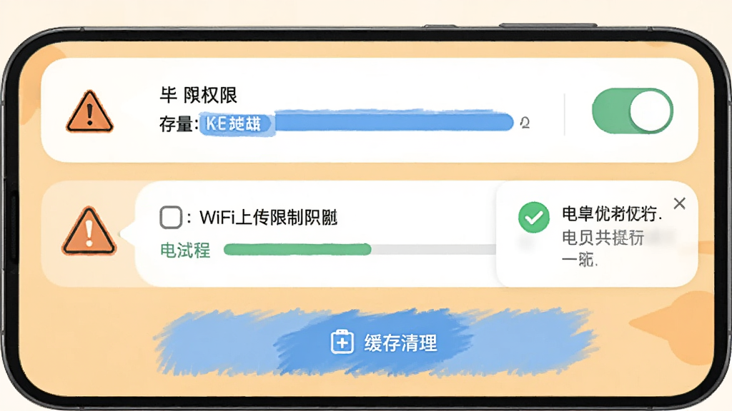 手机屏幕显示胖鸟云盘的设置页面,其中有权限开关、WiFi上传限制选项和缓存清理按钮,旁边有警示三角形图标和电池优化提示框,背景为浅橙色,布局为上下排列,风格为扁平化信息图,细节包含开关滑块和存储容量条,画质清晰干净