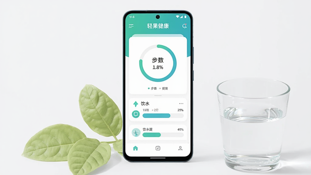 主体为一部竖屏安卓手机,屏幕显示轻果健康应用首页卡片式界面,包含步数圆环与饮水提醒条目,布局居中对称,手机下方摆放浅绿色叶片与一杯清水作为点缀,风格清新简约扁平化,细节上界面文字清晰、图标线性统一,画质高清干净无多余元素