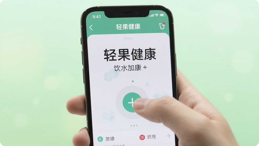 主体为一只手持手机的手,拇指正在点击轻果健康首页的饮水加号按钮,布局为手部特写居中,背景虚化为浅绿色渐变,风格写实生活化,细节上手机屏幕中