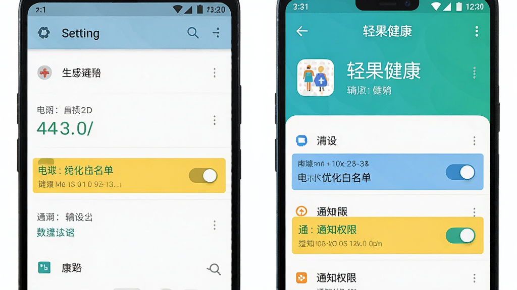 主体为安卓手机设置界面与轻果健康应用信息页并排展示,布局左右对照,风格教程示意扁平风,细节上电池优化白名单与通知权限开关以高亮色块标出,画质高清干净无多余元素