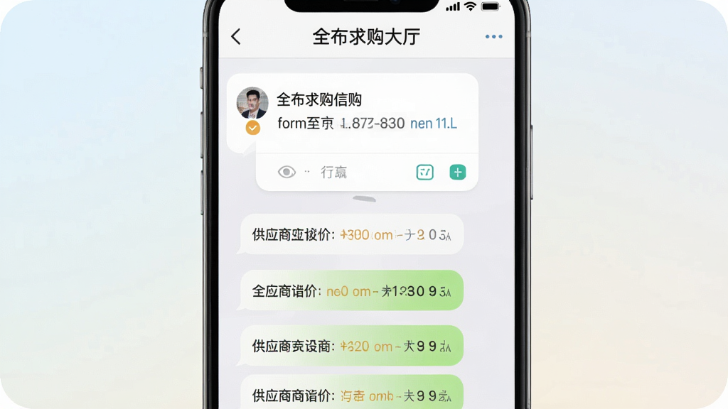 手机聊天界面截图风格,顶部显示“全布求购大厅”,中间为一条求购信息卡片,下方排列多个供应商报价气泡,背景为浅色渐变,界面元素整齐,画质干净清晰