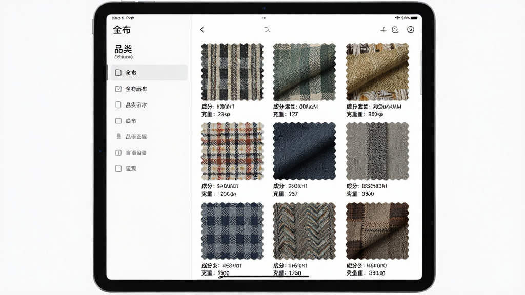 平板电脑上显示“全布”面料分类页面,左侧为品类导航栏,右侧网格中排列不同纹理与颜色的布料方块,每块布料下方标注成分与克重,画面风格清爽明亮,细节锐利,背景干净无杂物