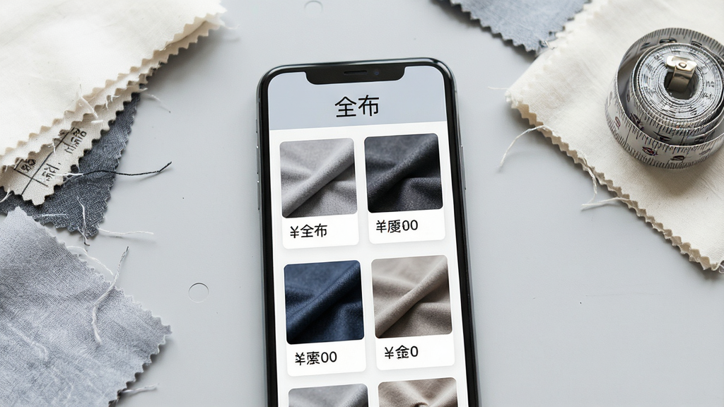 手机屏幕中央展示布料市场界面,上方标题栏写有“全布”字样,界面内排列多张面料缩略图与价格标签,背景为浅灰色工作台,旁边散落几块棉布样品与卷尺,整体风格简洁商务,光线明亮柔和,画质清晰干净,无多余装饰元素