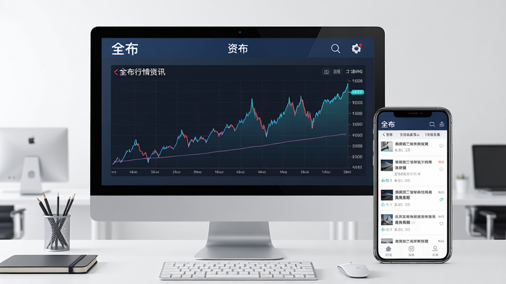 电脑与手机并排展示“全布”行情资讯页面,电脑屏幕上为折线价格走势图,手机屏幕上为资讯列表,背景为简洁办公桌面,风格商务专业,光线均匀,画面干净