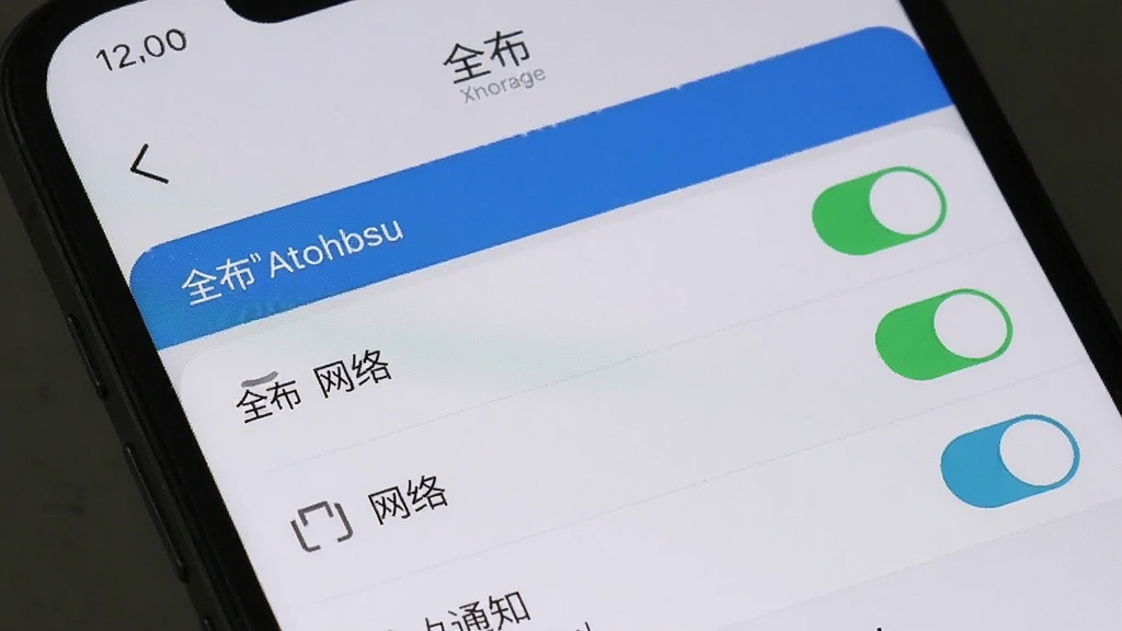 手机屏幕展示“全布”设置与权限管理页面,列表中包含存储、网络、通知等权限开关,界面风格简洁,背景为浅灰色,画质清晰干净,无多余元素