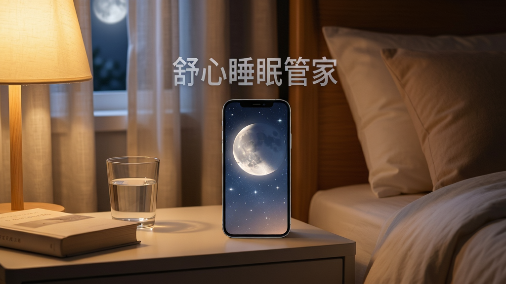 一幅宁静的夜晚卧室场景,主体为床头柜上放置着一部智能手机,手机屏幕显示着柔和的月亮与星空图案,屏幕上方浮现半透明的文字“舒心睡眠管家”,布局采用居中构图,手机位于画面视觉中心,四周环境为暖色调的床头灯光与柔软的枕头被褥,风格为温馨写实风,细节包含窗帘缝隙透出的微弱月光、床头柜上的水杯与书本,画质高清,画面干净,无多余元素