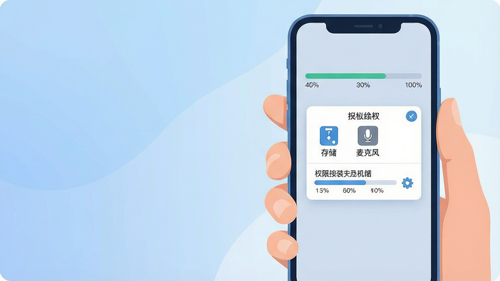 一幅展示手机应用安装界面的示意图,画面主体为一只手拿着手机,屏幕显示安装进度条与权限授权弹窗,弹窗内容包含“存储”“麦克风”等图标,布局为手机占据画面右侧三分之二,左侧留白处用柔和的蓝色渐变填充,风格为简洁的科技插画风,细节处可见进度条上的百分比数字与微小的齿轮图标,画质清晰,画面干净,无多余文字