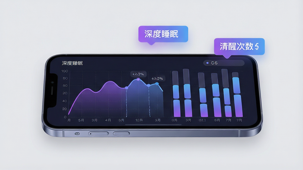 一幅展示睡眠数据图表的界面示意图,主体为一部横放的手机,屏幕内显示着折线图与柱状图,图表颜色采用渐变的紫色与蓝色,代表不同的睡眠阶段,手机旁边漂浮着几个数据标签,写着“深度睡眠”“清醒次数”,布局简洁明了,风格为科技感与柔和感结合的UI设计风,细节处可见细微的网格线,画质高清,背景为纯色浅灰,无多余元素