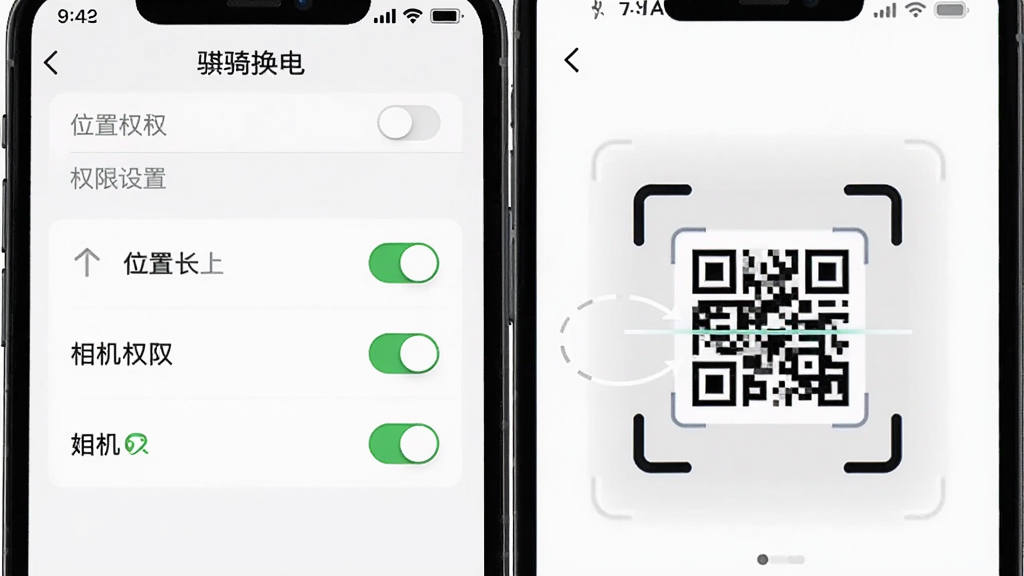 主体为手机屏幕显示“骐骥换电”APP的权限设置页面与扫码界面并排展示,布局为左右分屏对比,排版清晰有序,风格为简洁教程风,细节包含位置权限开关、相机权限开关、扫码框对准二维码的示意,画质清晰,画面干净无多余元素