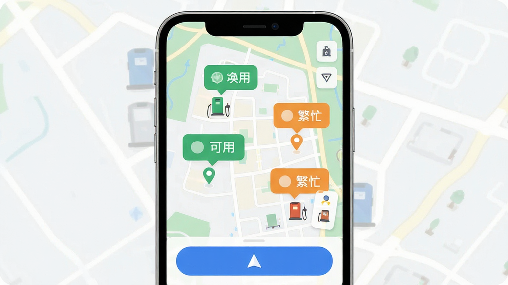 主体为手机屏幕展示地图界面,布局为居中手机模型,屏幕内显示多个换电站标记点与状态气泡,排版突出信息层级,风格为扁平化UI设计,细节包含绿色可用标识、橙色繁忙标识、蓝色导航按钮,画质清晰锐利,画面干净无杂乱元素