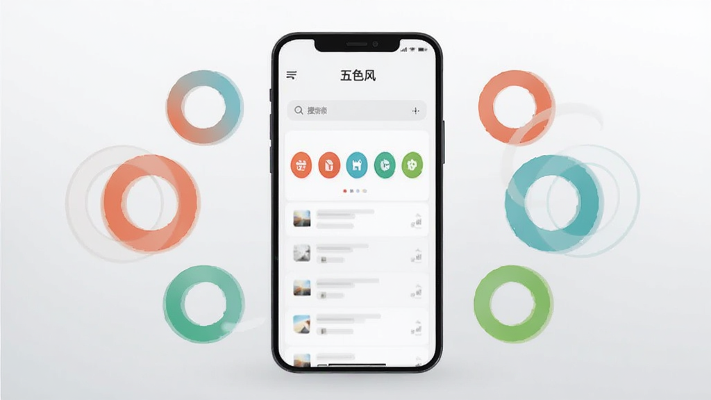 画面中央一部竖屏智能手机,屏幕内展示“五色风”应用主界面,界面为浅色卡片式布局,上方有搜索栏,中部排列五个彩色圆形功能图标,下方为内容信息流列表,手机两侧漂浮五个半透明彩色圆环装饰元素,整体采用扁平化插画风格,配色以白、浅灰、橙红、湖蓝、草绿为主,背景为干净的浅灰渐变,画质清晰锐利,光线柔和均匀,无多余杂物,构图居中对称,视觉重心明确