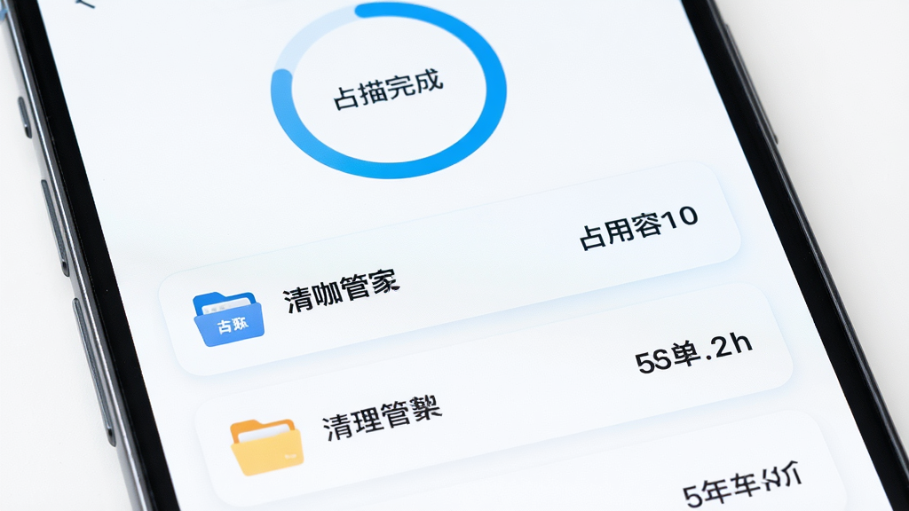 画面主体为手机屏幕特写,屏幕中显示未咖管家的清理扫描结果列表,列表项以横条卡片排列,每张卡片左侧为文件类型图标、右侧为占用容量数字,屏幕上方有一个圆形进度环显示扫描完成度,布局为上下结构,风格为明亮简洁的现代UI风,细节处加入浅蓝色高光与圆角卡片,画质清晰干净无多余元素