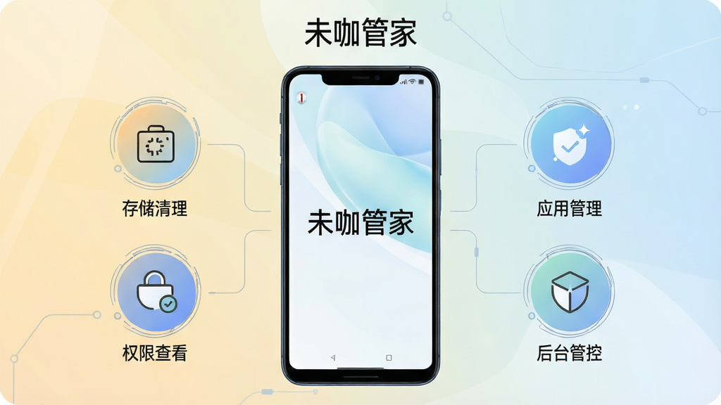 画面主体为一台竖屏安卓手机,屏幕中央展示未咖管家的功能首页界面,手机两侧分布存储清理、应用管理、权限查看、后台管控四个圆形功能图标,布局为居中对称式,上方留白放置应用名称文字