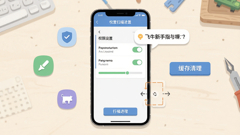 一张展示飞牛新手指引与设置界面的示意图,画面为手机屏幕中的权限设置列表与扫描进度界面,背景为浅色工作台,布局为手机居中展示,周围悬浮权限图标与缓存清理按钮,风格为扁平化教程插画风,细节包括权限开关、进度条和提示气泡,画质清晰,画面干净,无多余元素