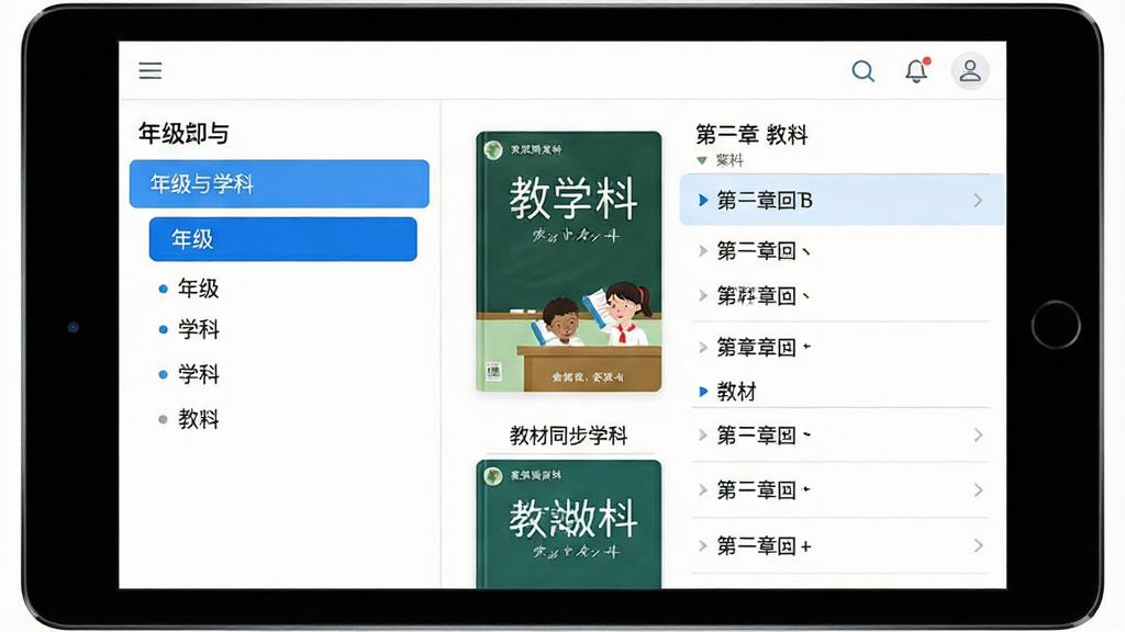 一张展示教材同步功能的界面示意图,画面主体为平板电脑横屏放置,屏幕左侧为年级与学科选择列表,右侧为教材封面与章节列表排版;风格为简洁教育类UI,细节包括蓝色高亮选中状态、清晰的层级分隔线;画质干净清晰,背景为白色,无多余装饰元素
