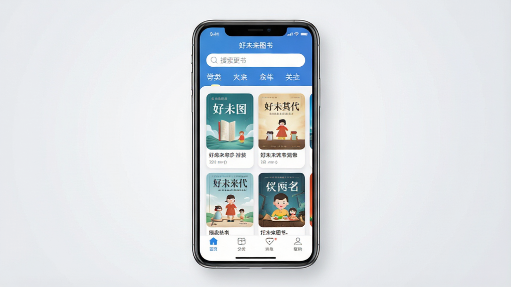 一张干净的手机应用界面展示图,画面中央是一部竖屏智能手机,屏幕内显示“好未来图书”应用首页,顶部有搜索框与分类标签,中部为图书封面网格排版,底部为导航栏;整体布局居中对称,风格为清爽扁平化UI设计,细节包括圆角卡片、柔和阴影、蓝色与白色主色调;画质清晰干净,无多余元素,背景为浅灰渐变