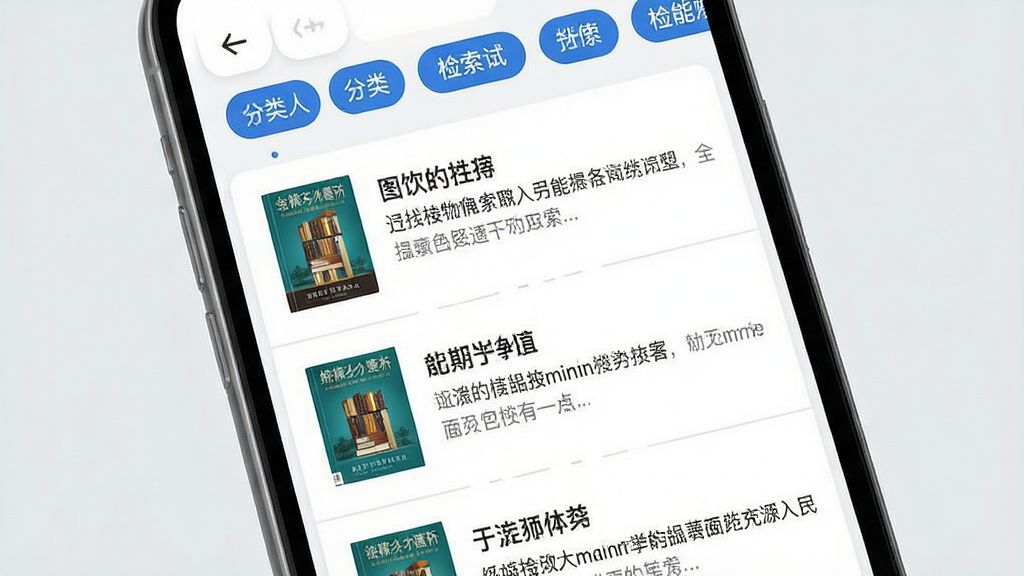 一张展示图书分类检索功能的界面图,画面为手机屏幕特写,屏幕内呈现分类标签栏与搜索结果列表,每行包含图书封面缩略图、书名与简介文字;排版整齐,风格为现代简约卡片式设计,细节包括浅灰分割线与蓝色标签;画质清晰干净,背景为纯色,无杂乱元素