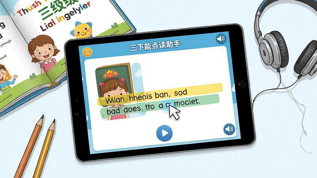 一张展示英语三下智能点读助手软件界面的场景图,画面主体为一部横放的安卓平板电脑,屏幕上显示着三年级英语课本点读页面,包含课文插图、句子高亮条和播放按钮,平板周围摆放着英语课本、铅笔和一副耳机,布局采用俯视45度角构图,排版上软件界面居中突出,风格为清新明亮的卡通教育插画风,细节包括课本封面的三年级字样、屏幕上的点读光标和音量图标,画质清晰细腻,画面干净整洁,无多余元素