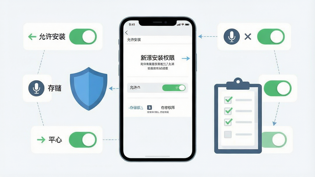 一张表现新手安装使用注意事项的示意图,画面主体为一部手机屏幕显示安装权限设置界面,旁边有盾牌图标和勾选清单,布局为居中构图,排版上手机屏幕占据画面中心,周围环绕权限开关图标,风格为简洁扁平化信息图风格,细节包括“允许安装”开关、存储权限图标和麦克风图标,画质清晰干净,无多余装饰