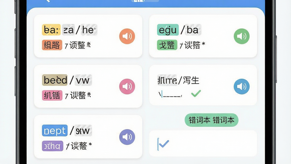 一张展示单词速查与听写功能的画面,主体是一部手机屏幕特写,屏幕上显示单词卡片列表,包含英文单词、音标、中文释义和喇叭图标,旁边有听写输入框和错词本标签,布局为居中特写构图,排版上单词卡片整齐排列成两列,风格为清爽扁平化UI插画风,细节包括不同颜色的单词标签和听写勾选标记,画质细腻干净,无多余元素