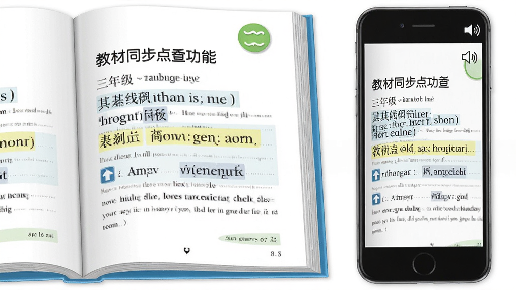 一张表现教材同步点读功能的画面,主体是一本翻开的三年级英语课本与一部手机并排放置,手机屏幕显示与课本相同的页面内容并有高亮句子,布局为左右对照式构图,排版上左侧课本右侧手机屏幕形成呼应,风格为写实教育场景插画,细节包括课本页码、手机上的点读高亮条和扬声器图标,画质清晰干净,无多余装饰元素