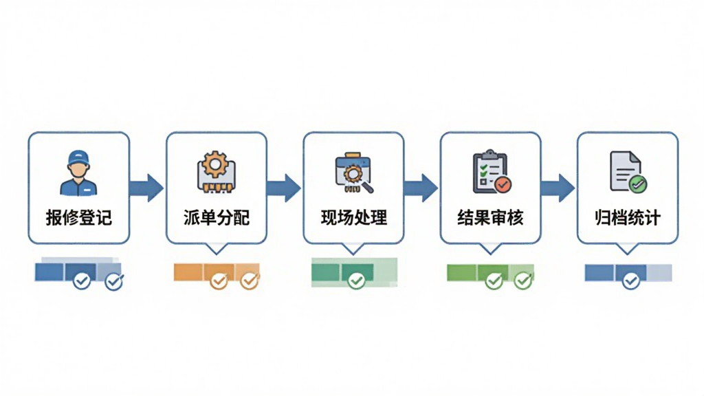 画面主体为售后大师软件中的工单流程示意图,布局采用横向流程图形式,从左到右依次展示报修登记、派单分配、现场处理、结果审核、归档统计五个节点,每个节点配有简洁图标与文字标签,风格为商务信息图,细节包含连接箭头、状态色块与勾选符号,画质清晰干净,背景为白色,无多余元素