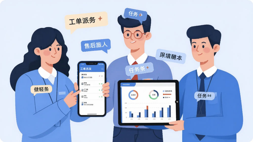 画面主体为售后大师软件的多角色协同场景,布局为三人围绕一部手机与一块平板协作,手机屏幕显示工单派发界面,平板显示统计图表,人物以简洁扁平风格呈现,风格为现代办公插画,细节包含角色标签、任务气泡与协作文字,画质清晰干净,背景为浅蓝色,无多余元素