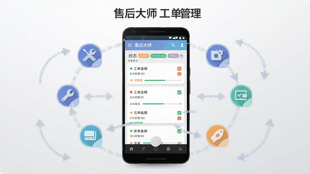画面主体为一部安卓手机,手机屏幕中展示售后大师工单管理界面,界面包含工单列表、状态标签与底部导航栏,手机周围环绕着工具图标与流程箭头,布局采用居中构图,上方留出软件名称位置,风格为扁平化科技插画,细节包含工单卡片、进度条与勾选标记,画质清晰干净,背景为浅灰渐变,无多余元素
