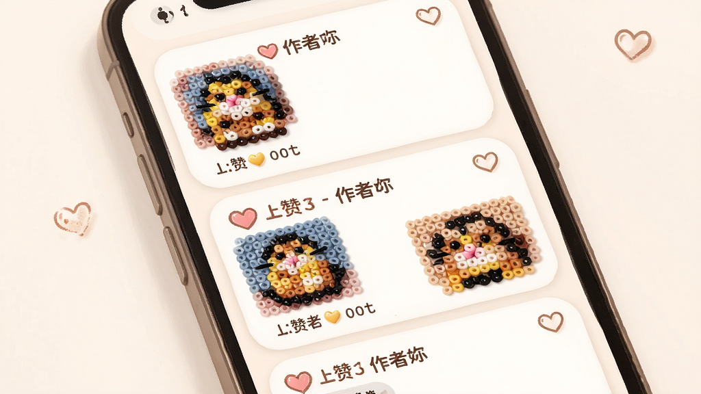 一张豆猫拼豆作品分享页面示意图,画面主体是手机屏幕展示拼豆作品社区流,每条内容包含作品缩略图、点赞数与作者昵称,布局为瀑布流式,风格为温暖手作风,细节包括缩略图色彩鲜艳、卡片圆角柔和、点赞图标精致,画质高清,干净,无多余元素