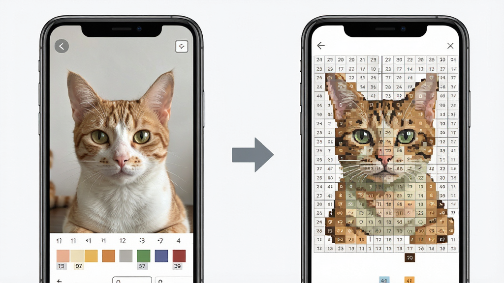 一张豆猫拼豆功能展示图,画面主体是手机屏幕显示照片转拼豆图纸的前后对比,左侧为原始照片,右侧为网格化拼豆色块图,中间有一个转换箭头,布局为左右对称式,风格为扁平化科技感,细节包括色块边缘清晰、网格线细腻、色卡编号标注,画质高清,干净,无多余元素