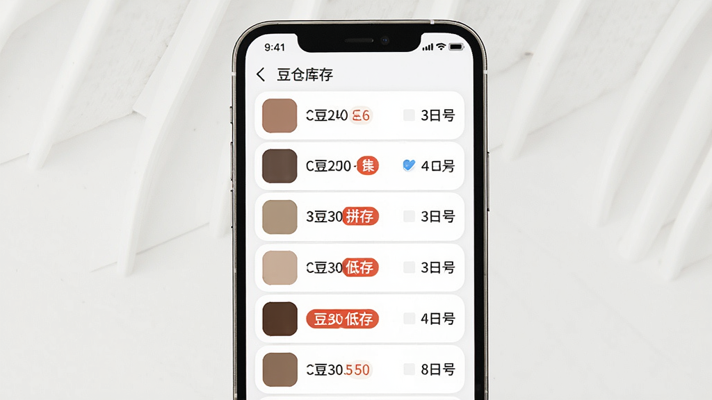 一张豆猫拼豆色号管理界面示意图,画面主体是手机屏幕展示豆仓库存列表,每行显示色块、色号与剩余数量,部分色号带有低库存提醒标记,布局为纵向列表式,风格为清爽简约的移动端UI风,细节包括色块圆角、数字清晰、提醒标签醒目,画质高清,干净,无多余元素