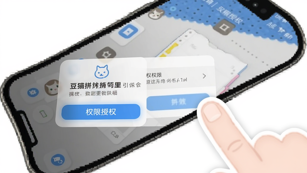 一张豆猫拼豆新手操作引导示意图,画面主体是手机屏幕显示权限授权弹窗与编辑界面叠加,旁边有手指点击的示意,布局为对角线构图,风格为教程说明风,细节包括弹窗按钮高亮、手指轮廓柔和、界面元素清晰,画质高清,干净,无多余元素