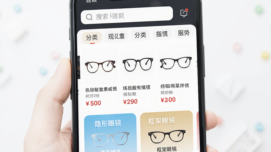 一张手机屏幕展示视客眼镜网应用首页,画面中央是眼镜商品陈列区,上方有搜索栏和分类标签,下方有隐形眼镜与框架眼镜入口,整体布局为电商首页常见结构,风格清爽明亮,细节包含商品缩略图与价格标签,画质清晰干净无多余元素