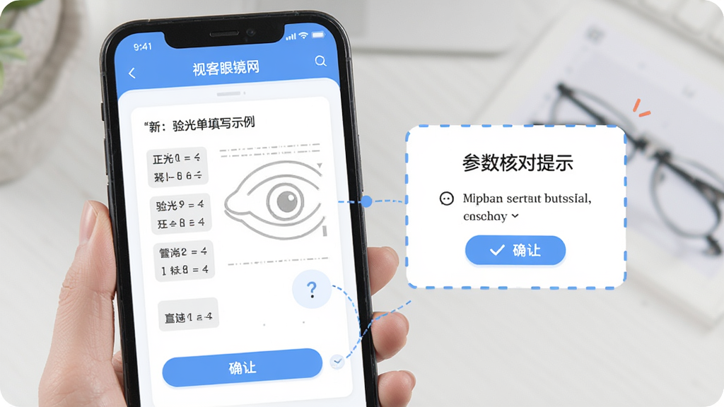 一部手机展示视客眼镜网的新手配镜引导页面,画面中有验光单填写示例和参数核对提示框,布局为分步引导式排版,风格清晰友好,细节包含正负号标注与勾选确认按钮,画质清晰干净无多余元素