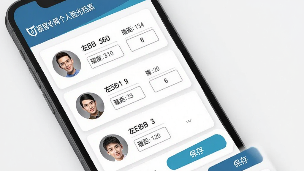 一部手机屏幕显示视客眼镜网的个人验光档案页面,页面中有多个成员头像卡片,每张卡片标注左右眼度数与瞳距数值,布局为纵向列表排版,风格简洁专业,细节包含数值输入框与保存按钮,画质清晰干净无多余元素