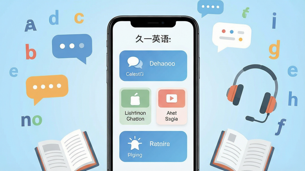 一张展示久一英语软件整体界面的手机应用场景图,画面中央是一部竖屏智能手机,屏幕内呈现久一英语的学习首页,包含口语练习、词汇卡片、听力训练等功能入口图标,手机周围环绕英语字母、对话气泡、耳机、书本等学习元素,背景为浅蓝色渐变,布局居中对称,风格清新简约扁平化,细节干净无杂乱装饰,画质高清,整体干净利落无多余元素