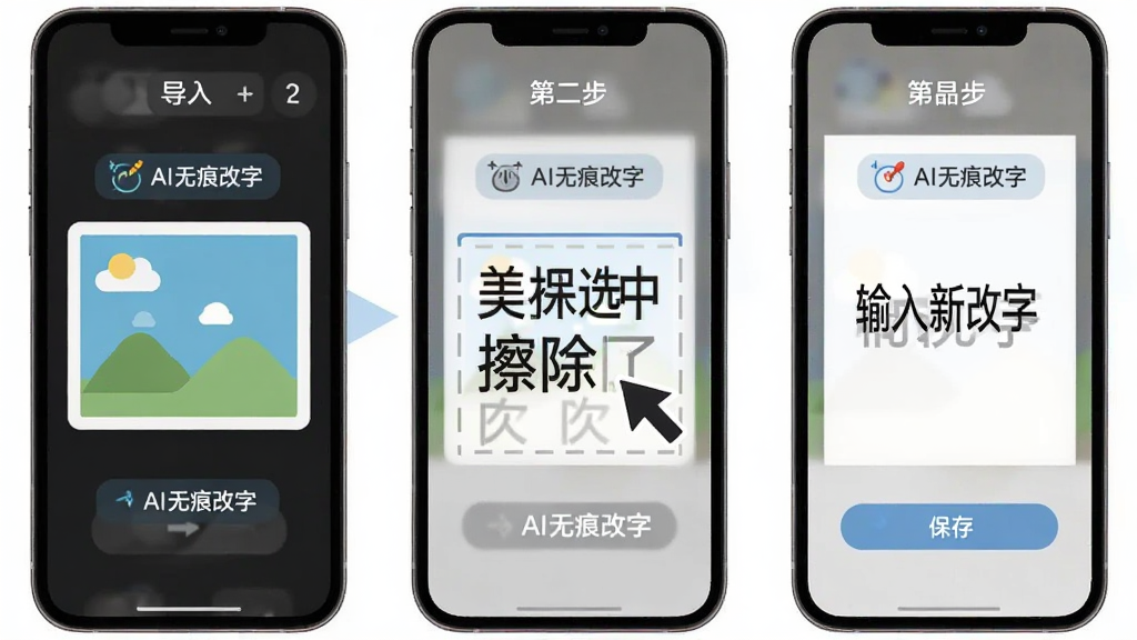 一张手机操作流程图,画面分为三个步骤,第一步展示导入图片,第二步展示选中文字并擦除,第三步展示输入新文字并保存,每一步配有简洁图标与