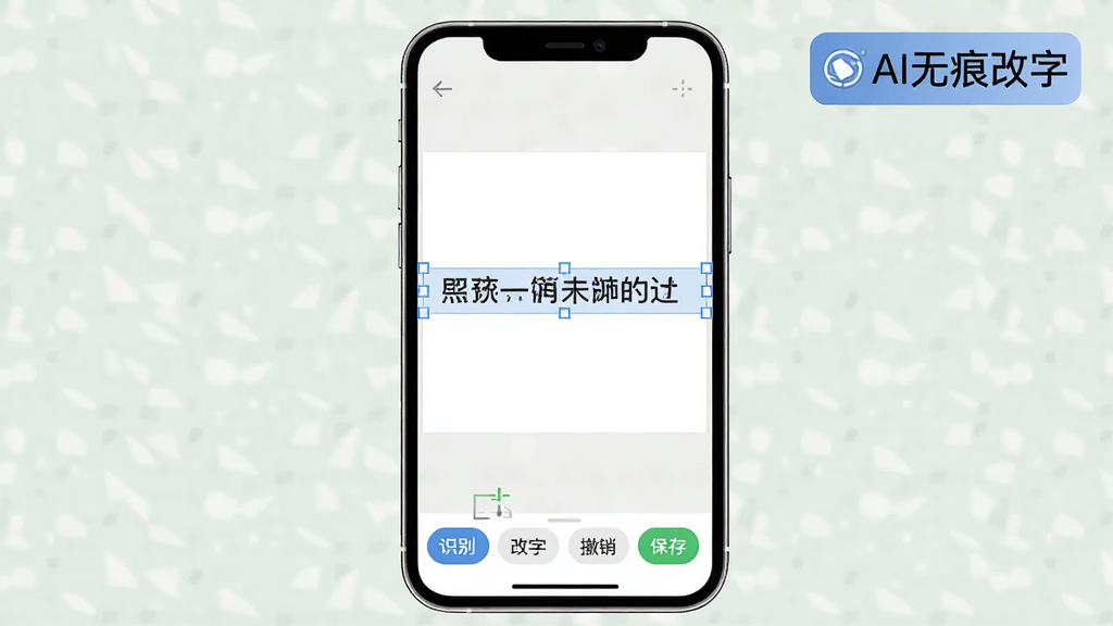 一张手机界面示意图,展示图片导入后的编辑画布,画布上有一段被选中的文字区域,下方工具栏包含