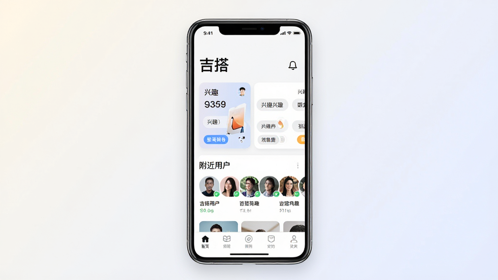 一张展示吉搭软件核心界面的手机样机图,画面中央是手机屏幕,屏幕内呈现吉搭应用首页,顶部有“吉搭”文字标识,中部为兴趣标签卡片与附近用户头像排列,底部为导航栏,背景为浅色渐变,风格简洁现代,细节清晰,画质干净,无多余元素