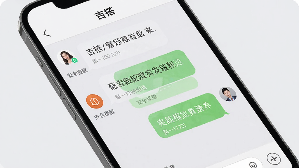 画面展示吉搭应用的聊天对话界面,手机屏幕中呈现双方对话气泡,气泡旁有“安全提醒”小图标,背景为浅灰色,风格简约商务,细节清晰,画质干净,无多余元素