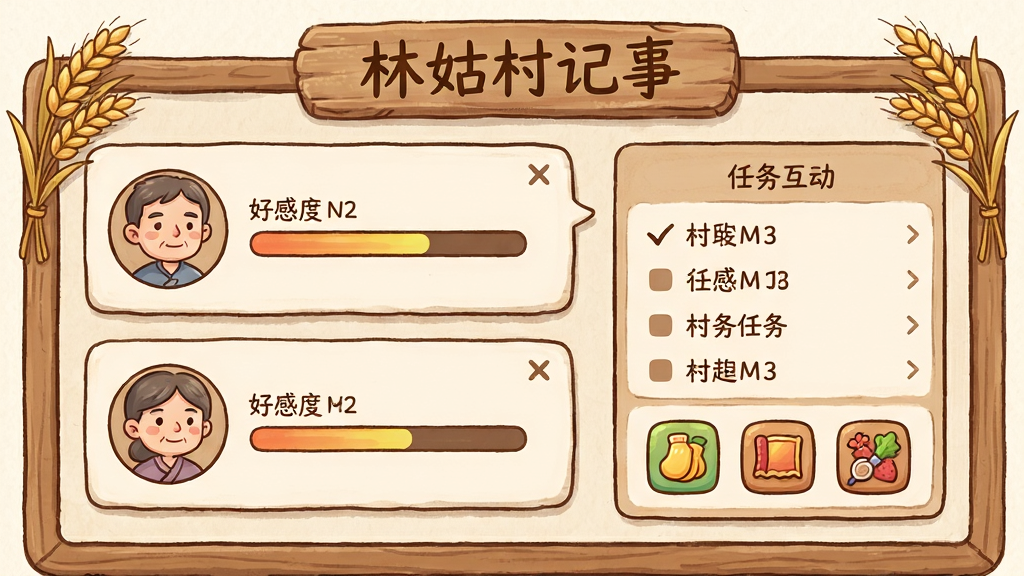 画面主体为“林姑村记事”中的村民互动界面,布局为对话框与角色立绘左右呼应,左侧显示村民头像与好感度进度条,右侧为任务列表与奖励图标,排版层次分明,风格为温暖治愈的卡通插画风,细节包含麦穗装饰、木质边框与手写体文字“林姑村记事”,画质细腻,画面干净,无多余元素