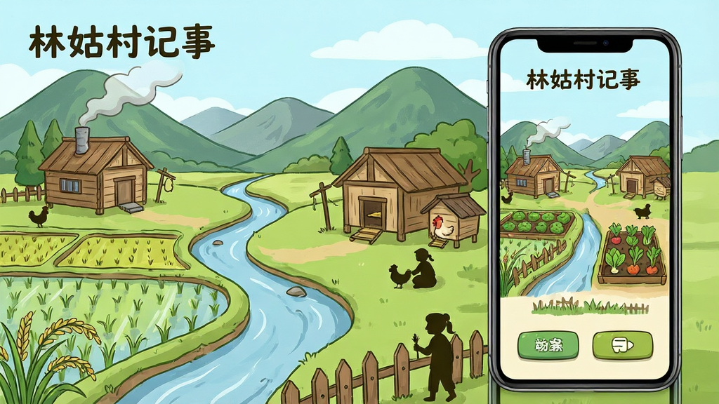 画面主体为一款名为“林姑村记事”的手机应用界面展示,布局采用左右分栏,左侧是卡通风格的乡村全景,包含稻田、木屋、溪流与远山,右侧是竖屏手机样机,屏幕内显示游戏主界面与功能按钮,排版简洁清晰,风格为清新田园手绘插画风,细节包含炊烟、鸡舍、菜地栅栏与人物剪影,画质高清,画面干净,无多余元素