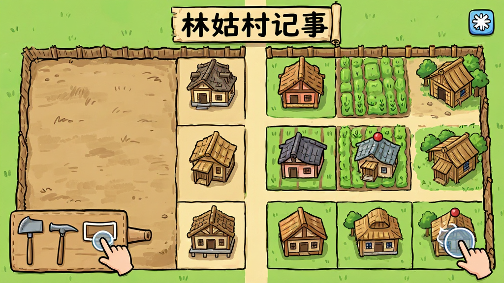 画面主体为“林姑村记事”中的乡村建造场景,布局采用俯视视角的村落平面,左侧为待建空地,右侧为已建成的农田与木屋,排版以网格化地块呈现,风格为明快卡通手绘,细节包含建造工具栏、拖拽放置的手势示意、不同等级建筑的外观差异,画质清晰,画面干净,无多余元素