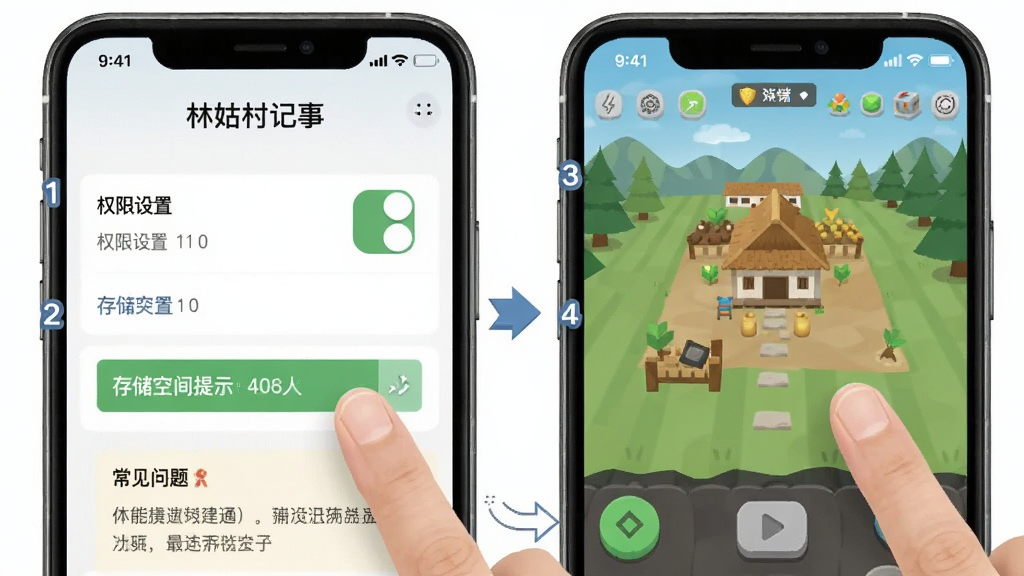 画面主体为“林姑村记事”移动端操作示意场景,布局为手机屏幕特写与手指点击动作的结合,左侧展示权限设置界面,右侧展示游戏内建造操作,排版以步骤序号串联,风格为简洁扁平化信息图,细节包含权限开关图标、存储空间提示条与常见问题标记,画质清晰,画面干净,无多余元素