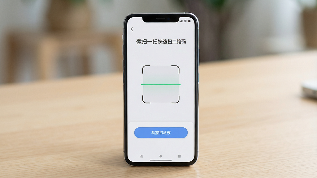 主体为一部竖屏安卓手机放置于浅色木纹桌面中央,手机屏幕显示“微扫一扫快速扫二维码”软件界面,界面中央为取景框与扫描线,布局简洁居中,排版采用上下结构上方为软件名称下方为功能按钮,风格为清爽扁平化科技风,细节包含手机边缘高光、界面按钮圆角处理、背景轻微虚化,画质清晰干净无多余元素