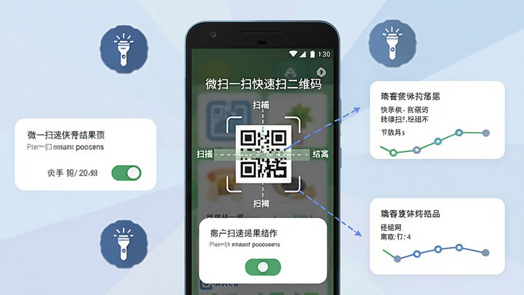主体为一部安卓手机屏幕显示“微扫一扫快速扫二维码”扫描成功结果页,布局为手机居中、周围环绕相机权限弹窗与手电筒图标等元素,排版呈放射状信息图风格,风格为扁平化教学示意图风,细节包含权限开关图标、扫描距离标注线、结果内容卡片,画质清晰干净无多余元素