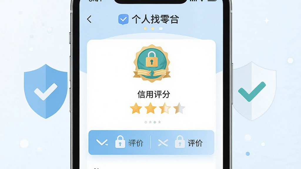 画面主体为手机屏幕特写,显示着日结找零工的个人中心页面,包含实名认证徽章、信用评分星级和双向评价入口。布局采用居中对称构图,手机两侧浮现盾牌与对勾图标作为装饰。风格为简洁的扁平化设计,色调以白色和浅蓝色为主,细节处强调认证标识与安全锁图标,画质清晰,画面干净,无多余元素。