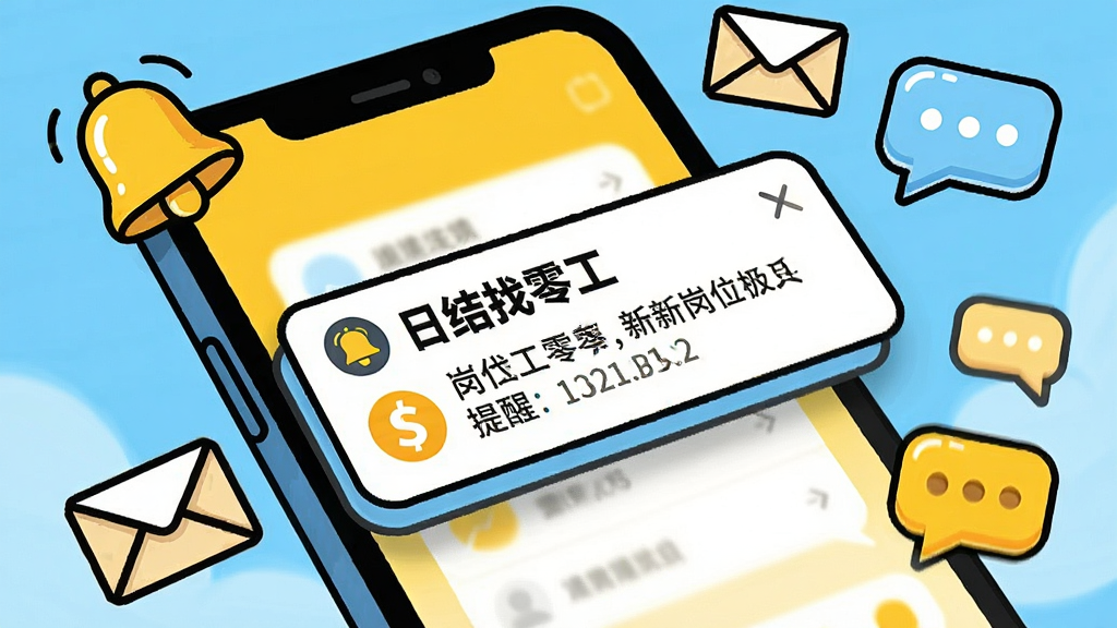 画面主体为手机屏幕弹出通知横幅,横幅上显示“日结找零工”的名称和一条新岗位提醒消息。布局采用动态倾斜视角,手机周围环绕着铃铛、信封和聊天气泡等图标。风格为活泼的卡通插画风,色调以明黄色和天蓝色为主,细节处突出通知弹窗的视觉层次,画质清晰,画面生动,无多余杂乱元素。
