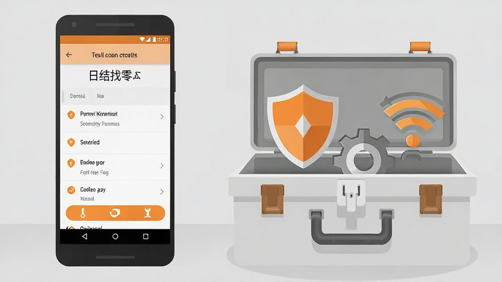 画面主体为一部安卓手机屏幕显示日结找零工的应用设置页面,旁边放置一个打开的工具箱,箱内露出盾牌、齿轮和Wi-Fi图标。布局采用左右对比构图,左侧手机右侧工具箱。风格为扁平化信息图风格,色调以浅灰和橙色点缀为主,细节处突出安全提示与优化选项,画质清晰,画面干净整洁,无多余元素。